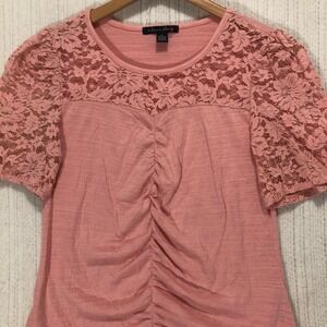 A Love Story Womens Top XL Pink Lace Short Sleeve Ruched‎ Blouse